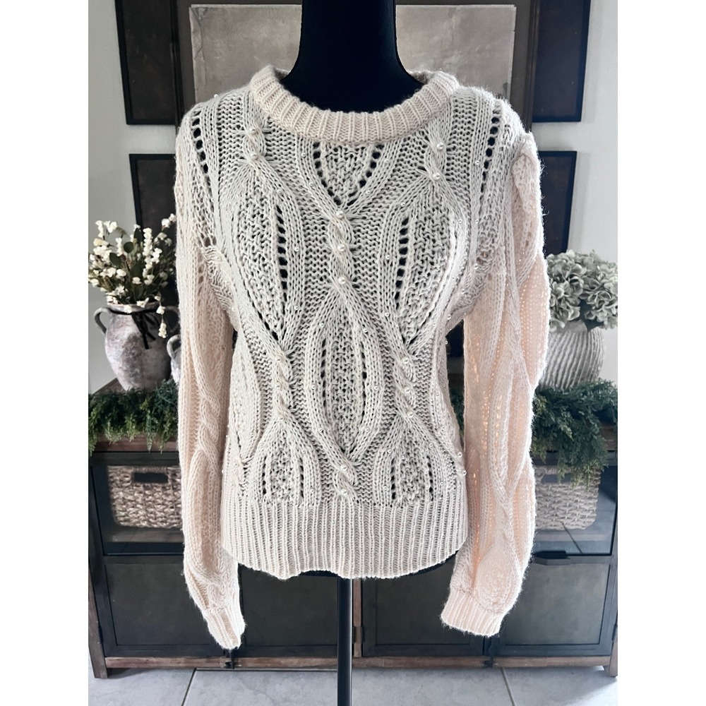 Charmed Hearts Cream Cable Knit Faux Pearl Embellished Puff Sleeve Sweater Small